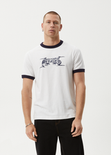 AFENDS Mens All Eyez - Ringer Tee - White / Deep Sea - Afends mens all eyez   ringer tee   white / deep sea