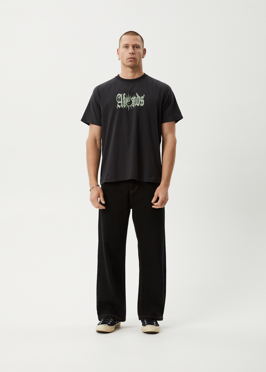 AFENDS Mens Sun Bite - Raglan Boxy Tee - Stone Black