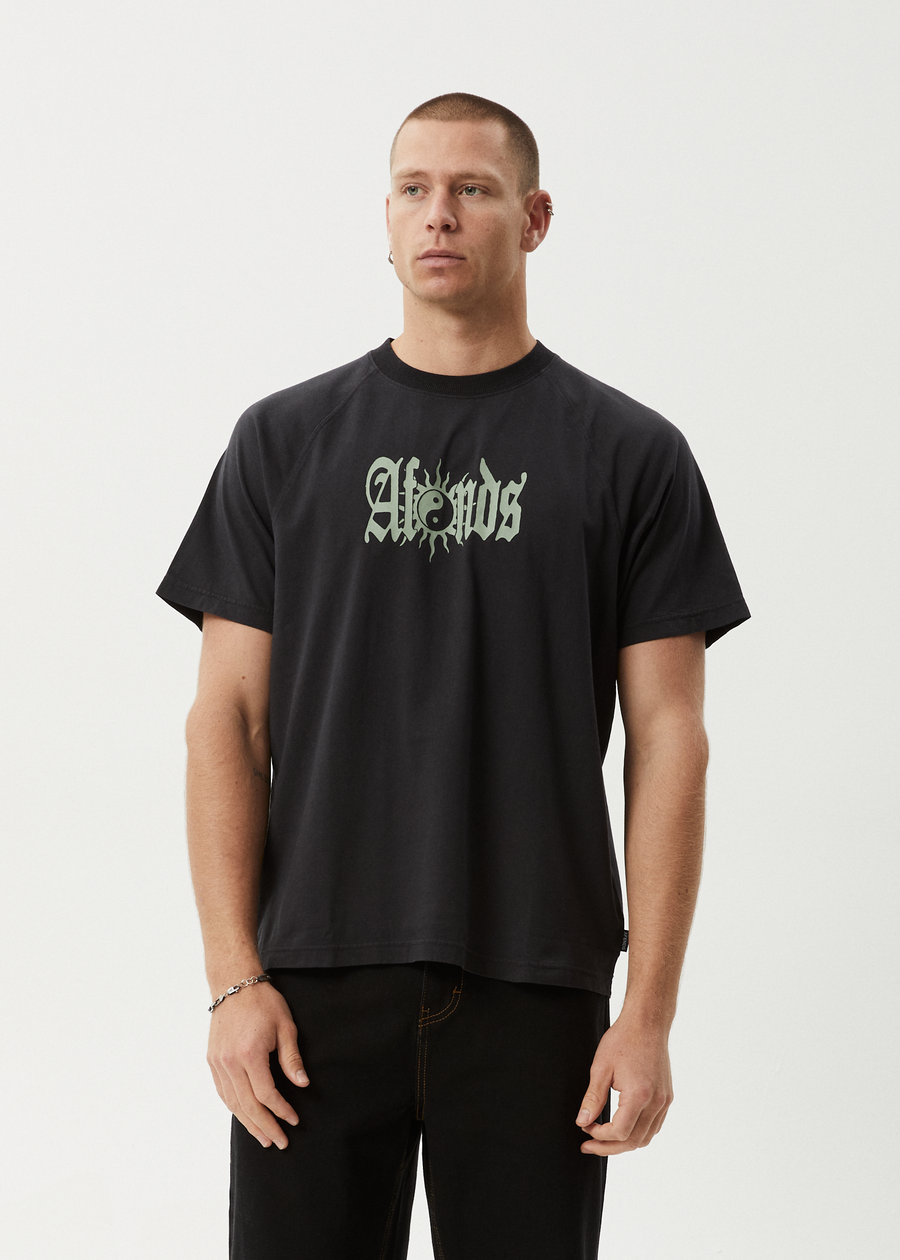 AFENDS Mens Sun Bite - Raglan Boxy Tee - Stone Black