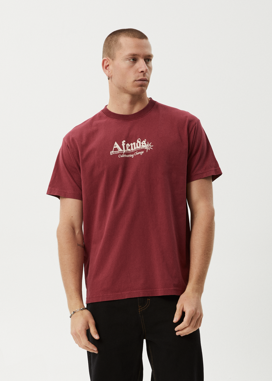 AFENDS Mens Mace Life - Boxy Tee - Washed Burgundy