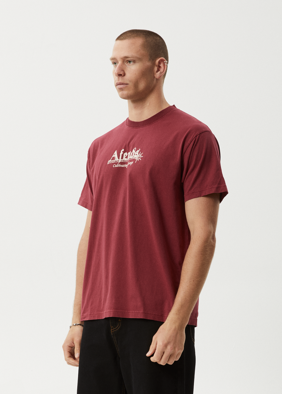 AFENDS Mens Mace Life - Boxy Tee - Washed Burgundy