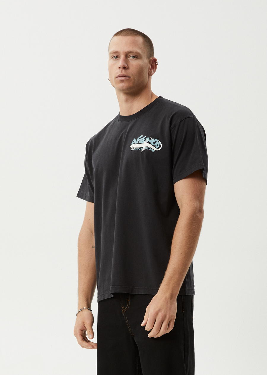 AFENDS Mens Reptilian - Heavyweight Boxy Tee - Stone Black