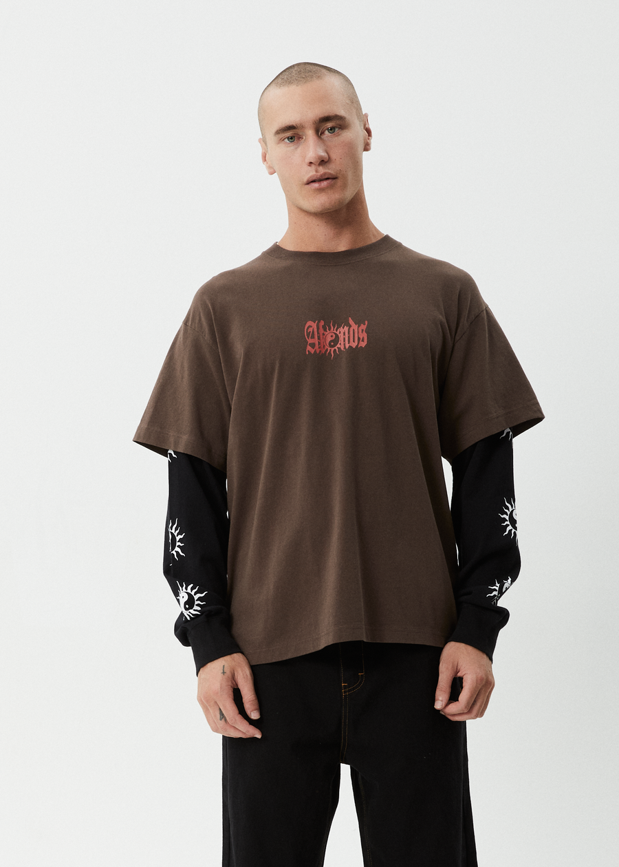 AFENDS Mens Double Trouble - Layered Boxy Tee - Coffee