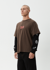 AFENDS Mens Double Trouble - Layered Boxy Tee - Coffee - Afends mens double trouble   layered boxy tee   coffee