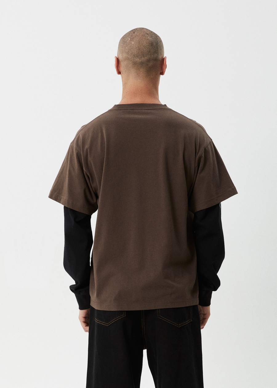 AFENDS Mens Double Trouble - Layered Boxy Tee - Coffee