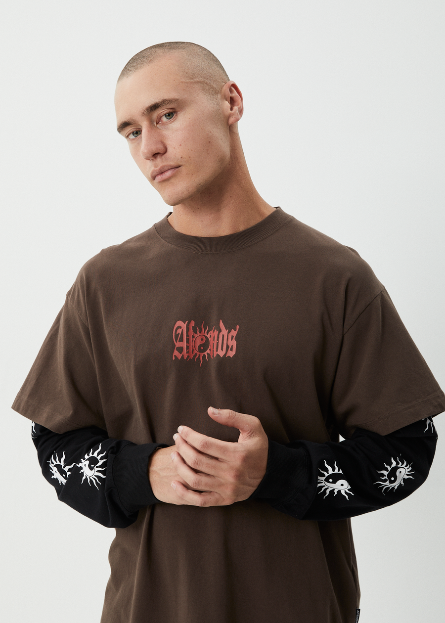 AFENDS Mens Double Trouble - Layered Boxy Tee - Coffee