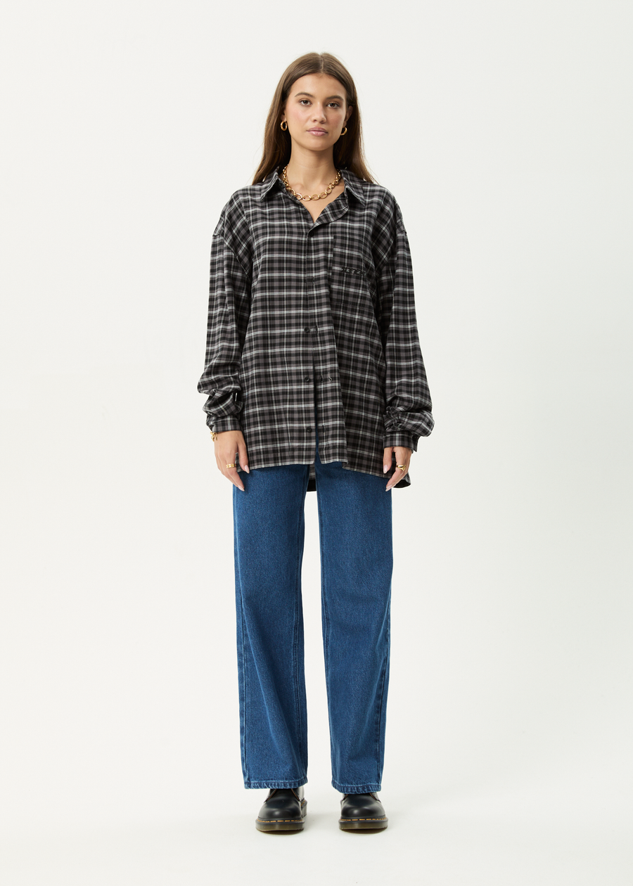 AFENDS Mens Darkness - Long Sleeve Shirt - Black Check