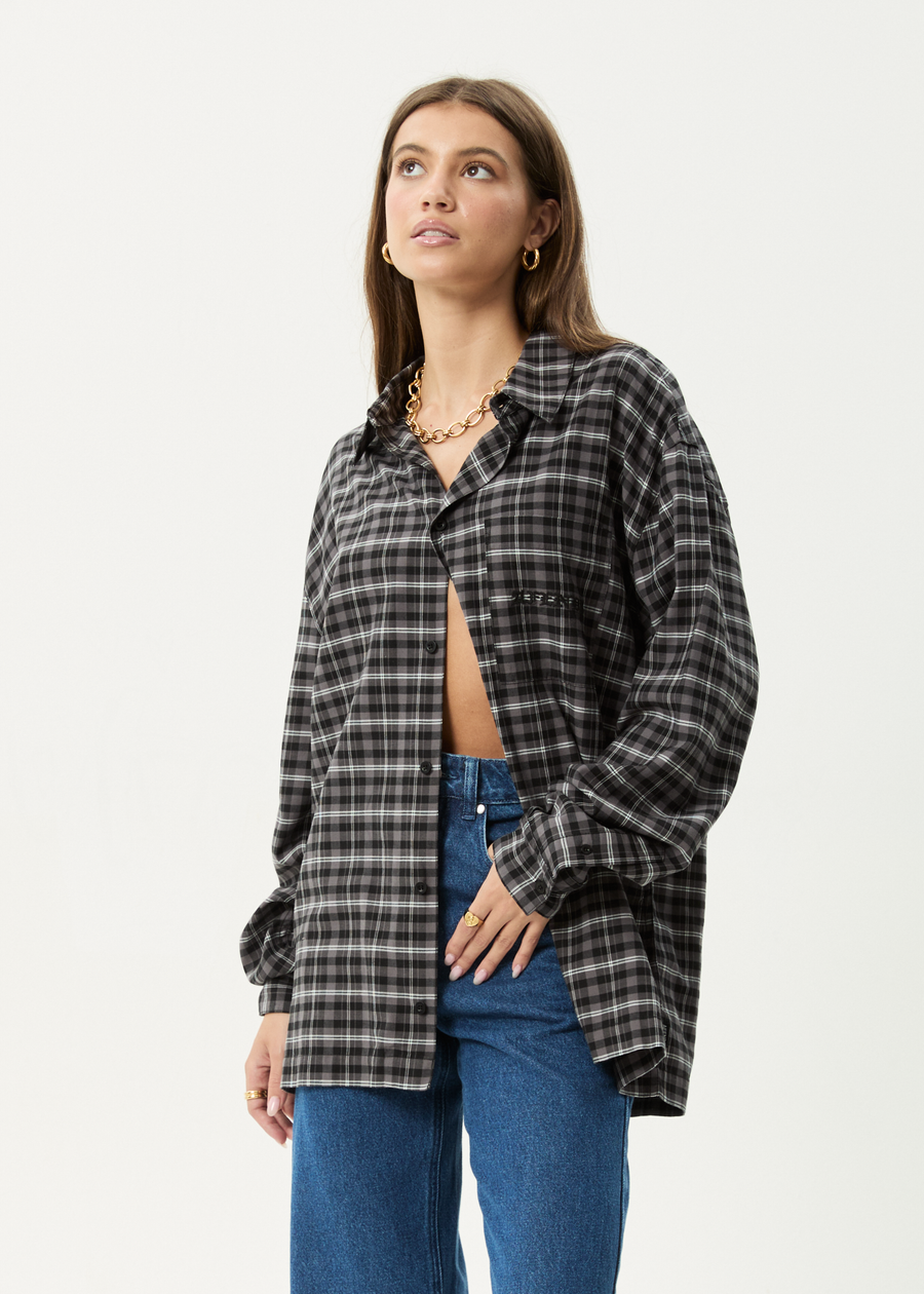 AFENDS Mens Darkness - Long Sleeve Shirt - Black Check