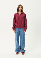 AFENDS Mens Quartz Zip - Raglan Quarter Zip Crew - Washed Burgundy - Afends mens quartz zip   raglan quarter zip crew   washed burgundy