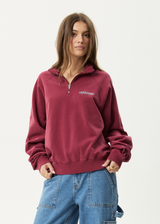 AFENDS Mens Quartz Zip - Raglan Quarter Zip Crew - Washed Burgundy - Afends mens quartz zip   raglan quarter zip crew   washed burgundy