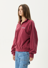 AFENDS Mens Quartz Zip - Raglan Quarter Zip Crew - Washed Burgundy - Afends mens quartz zip   raglan quarter zip crew   washed burgundy