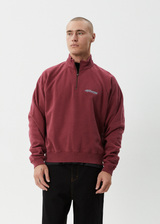 AFENDS Mens Quartz Zip - Raglan Quarter Zip Crew - Washed Burgundy - Afends mens quartz zip   raglan quarter zip crew   washed burgundy