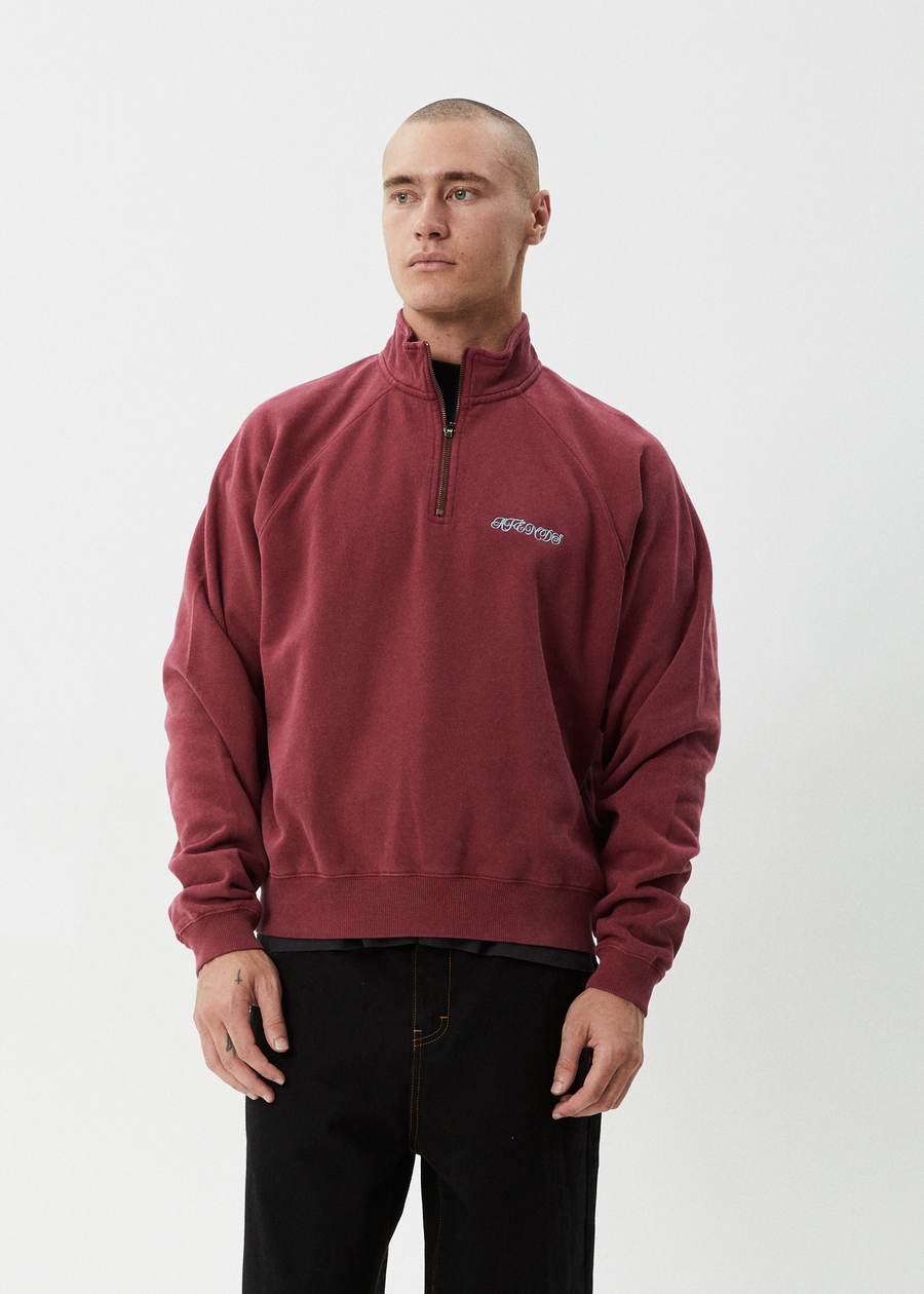 AFENDS Mens Quartz Zip - Raglan Quarter Zip Crew - Washed Burgundy