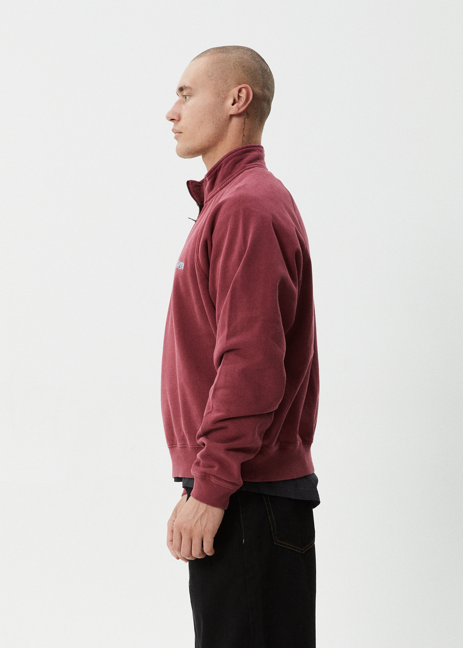 AFENDS Mens Quartz Zip - Raglan Quarter Zip Crew - Washed Burgundy