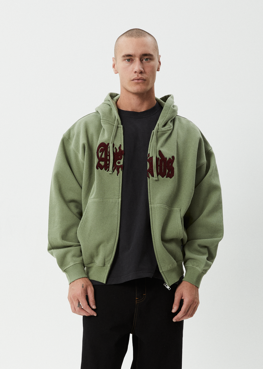 AFENDS Mens Sun Bite - Zip Hood - Oil Green
