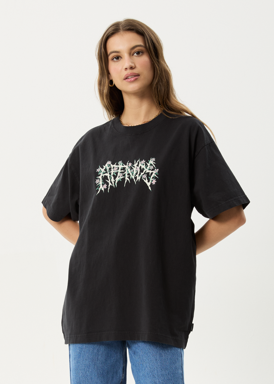 AFENDS Mens Heavy Petal - Heavyweight Boxy Tee - Stone Black