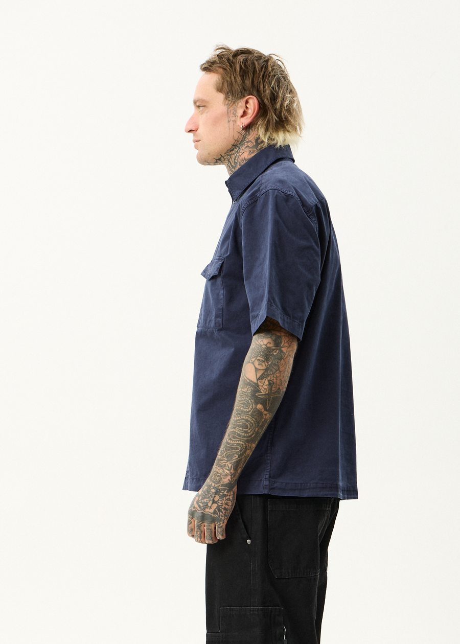 AFENDS Mens Overdie - Overdyed Short Sleeve Shirt - Deep Sea