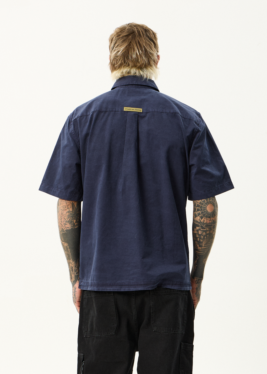 AFENDS Mens Overdie - Overdyed Short Sleeve Shirt - Deep Sea