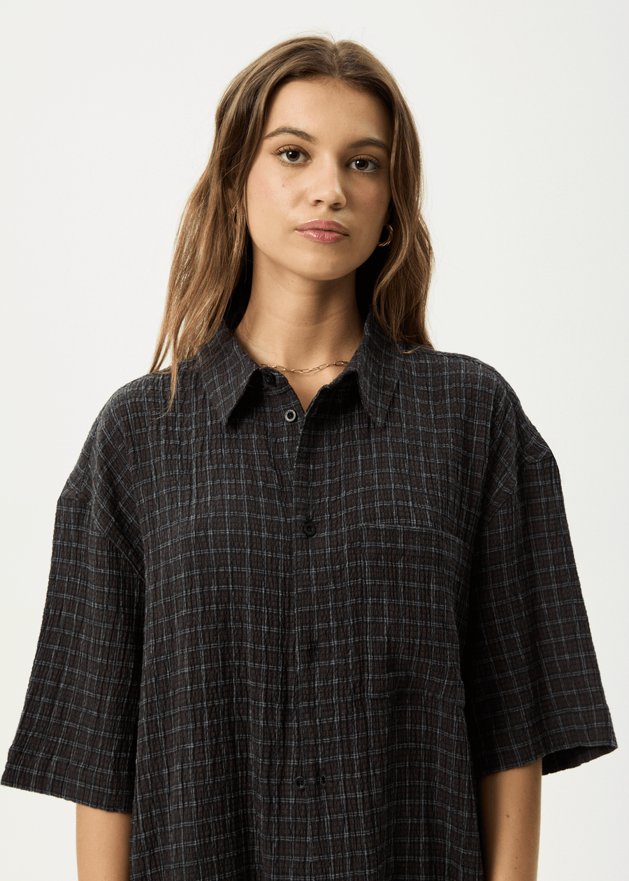 AFENDS Mens Dusk - Seersucker Check Shirt - Black Check
