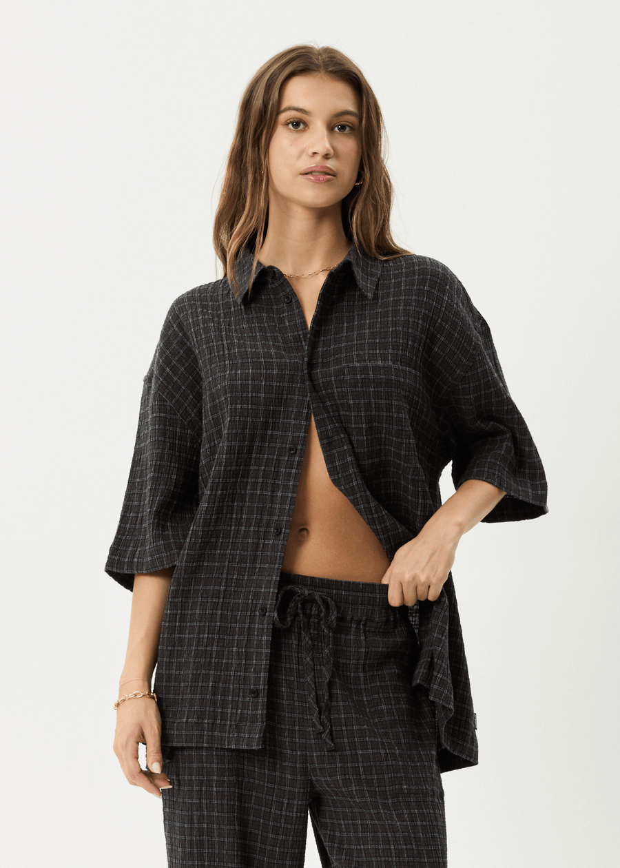 AFENDS Mens Dusk - Seersucker Check Shirt - Black Check