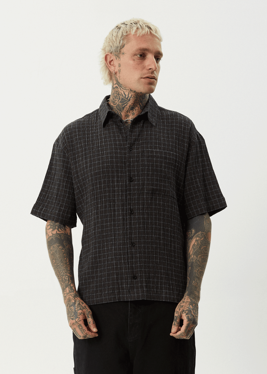 AFENDS Mens Dusk - Seersucker Check Shirt - Black Check