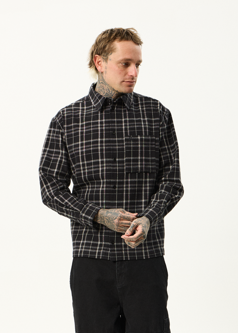 AFENDS Mens Nights - Flannel Long Sleeve Shirt - Black Check