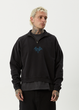 AFENDS Mens Bats - Raglan Quarter Zip Crew - Stone Black - Afends mens bats   raglan quarter zip crew   stone black