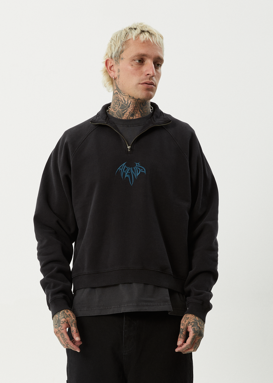 AFENDS Mens Bats - Raglan Quarter Zip Crew - Stone Black