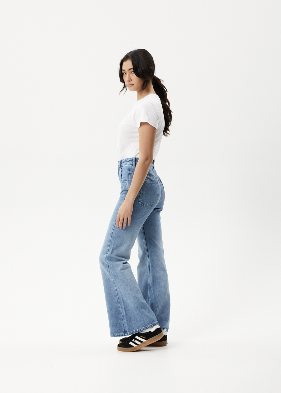 AFENDS Womens Marsha - Denim Slim Flared Jean - Worn Blue