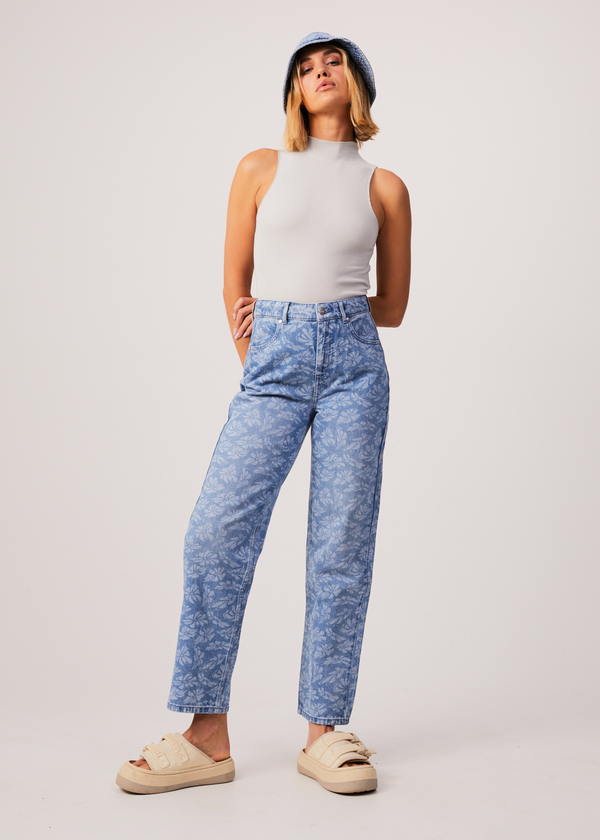 AFENDS Womens Shelby Long - Denim Floral Wide Leg Jean - Floral Blue