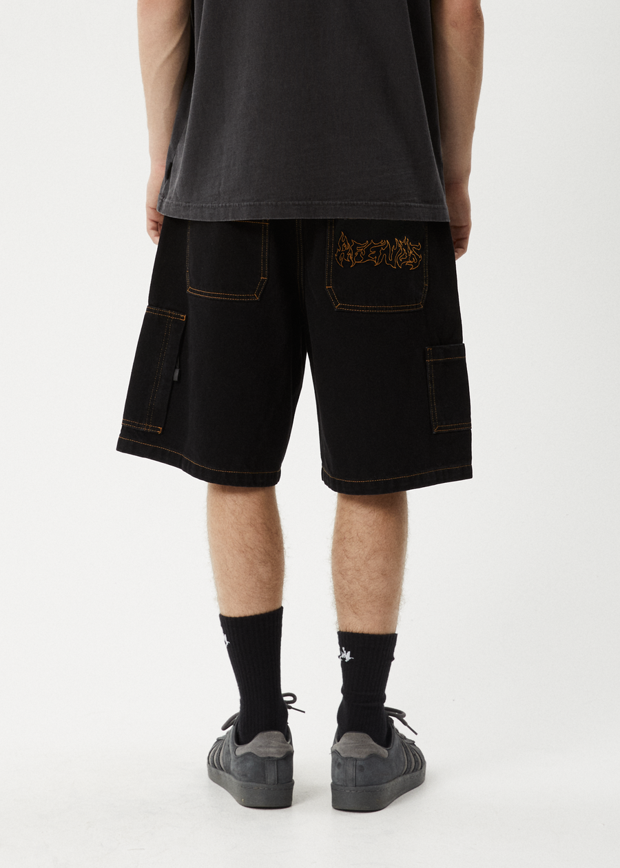 AFENDS Mens Scorched Harper - Denim Baggy Workwear Short 22" - Washed Black