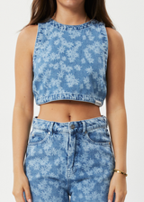 AFENDS Womens Fink - Denim Cropped Top - Worn Blue Daisy - Afends womens fink   denim cropped top   worn blue daisy 
