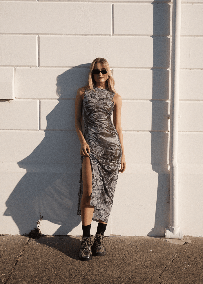 AFENDS Womens Silver Lining - Sheer Dress - Chrome 
