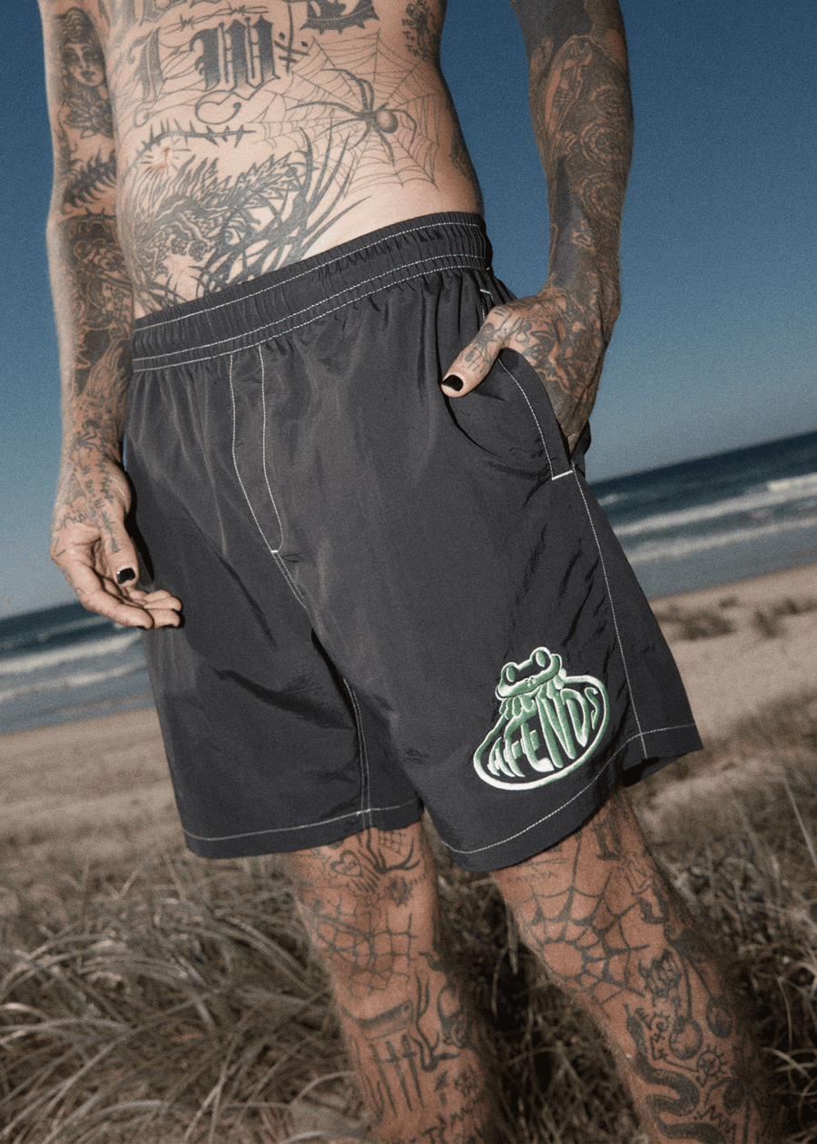 AFENDS Mens Frogga - Baywatch Swim Short 18" - Black