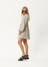 AFENDS Womens Kali - Long Sleeve Mini Dress - Pistachio Check - Afends womens kali   long sleeve mini dress   pistachio check 