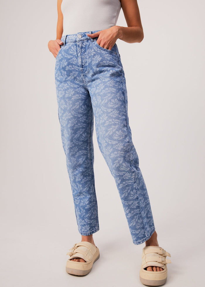 AFENDS Womens Shelby Long - Denim Floral Wide Leg Jean - Floral Blue