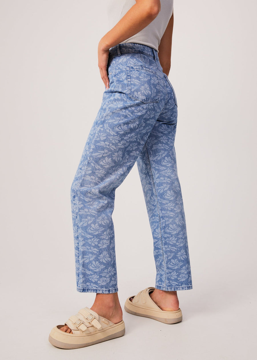 AFENDS Womens Shelby Long - Denim Floral Wide Leg Jean - Floral Blue