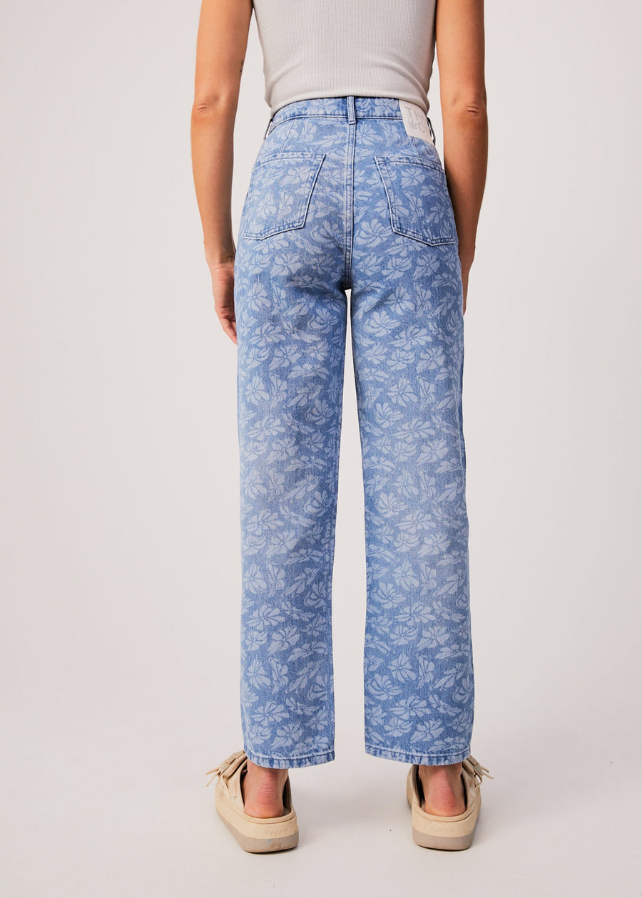 AFENDS Womens Shelby Long - Denim Floral Wide Leg Jean - Floral Blue
