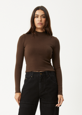 AFENDS Womens Iconic - Long Sleeve Rib Top - Coffee - Afends womens iconic   long sleeve rib top   coffee