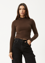 AFENDS Womens Iconic - Long Sleeve Rib Top - Coffee - Afends womens iconic   long sleeve rib top   coffee