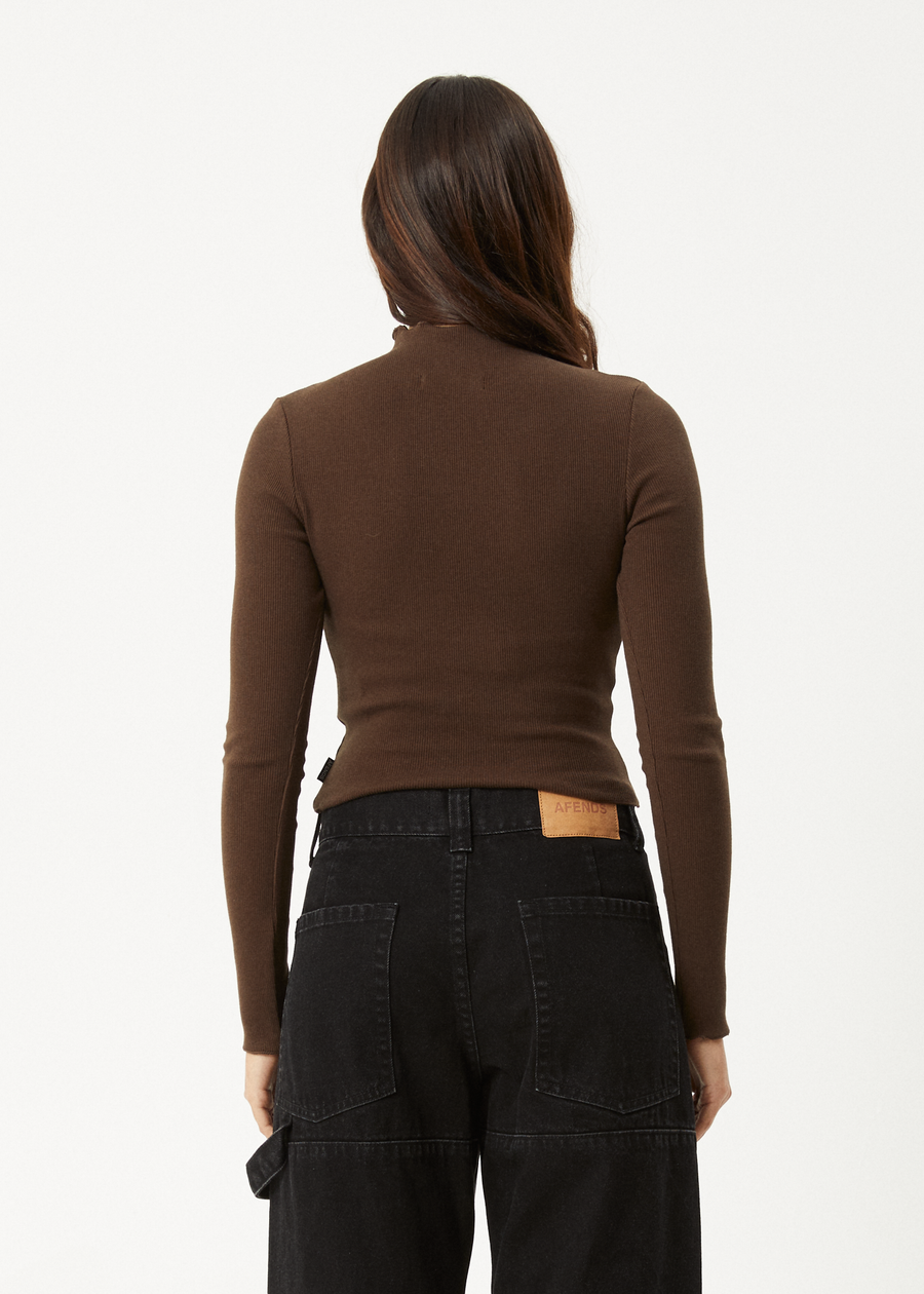 AFENDS Womens Iconic - Long Sleeve Rib Top - Coffee