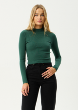 AFENDS Womens Iconic - Long Sleeve Rib Top - Hunter Green - Afends womens iconic   long sleeve rib top   hunter green
