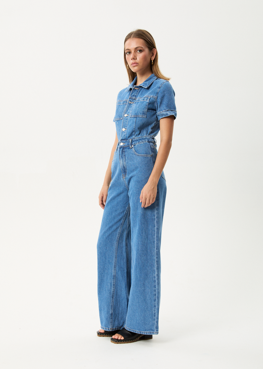 AFENDS Womens Miami - Denim Flared Jumpsuit - Worn Blue