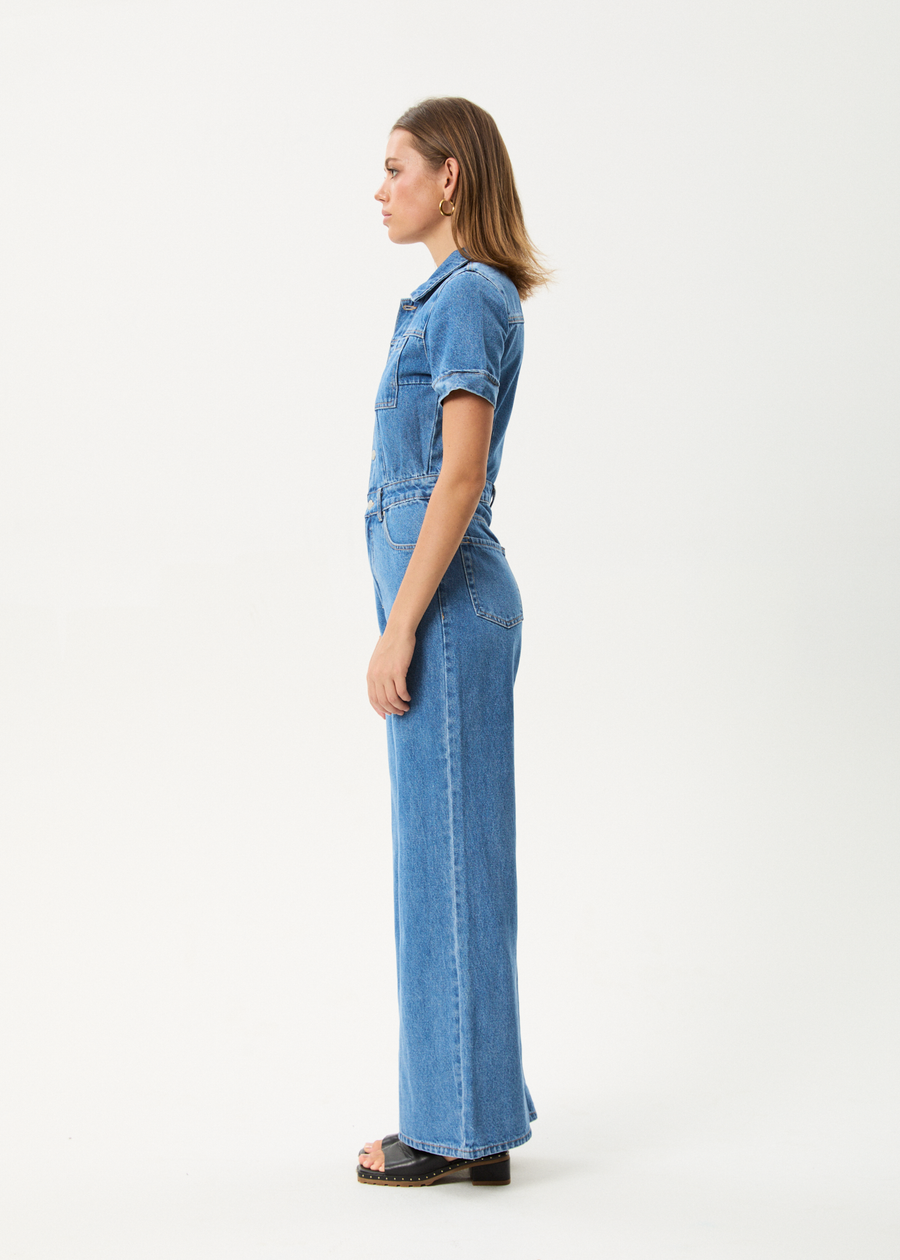 AFENDS Womens Miami - Denim Flared Jumpsuit - Worn Blue
