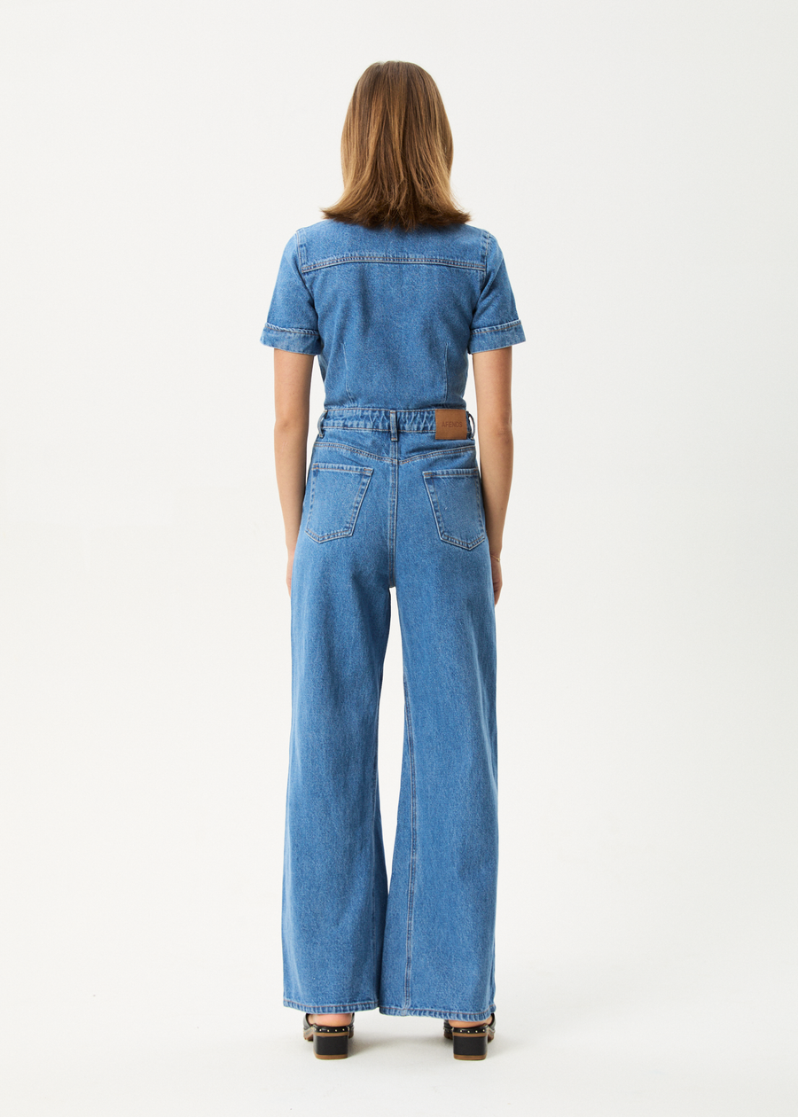 AFENDS Womens Miami - Denim Flared Jumpsuit - Worn Blue