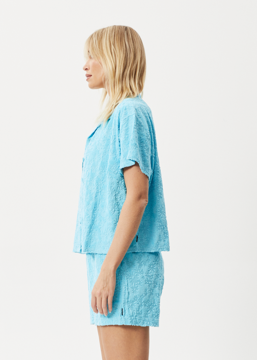 AFENDS Womens Moon - Terry Short Sleeve Shirt - Blue Daisy 