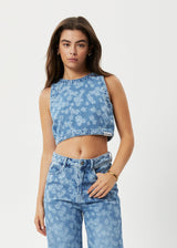AFENDS Womens Fink - Denim Cropped Top - Worn Blue Daisy - Afends womens fink   denim cropped top   worn blue daisy 
