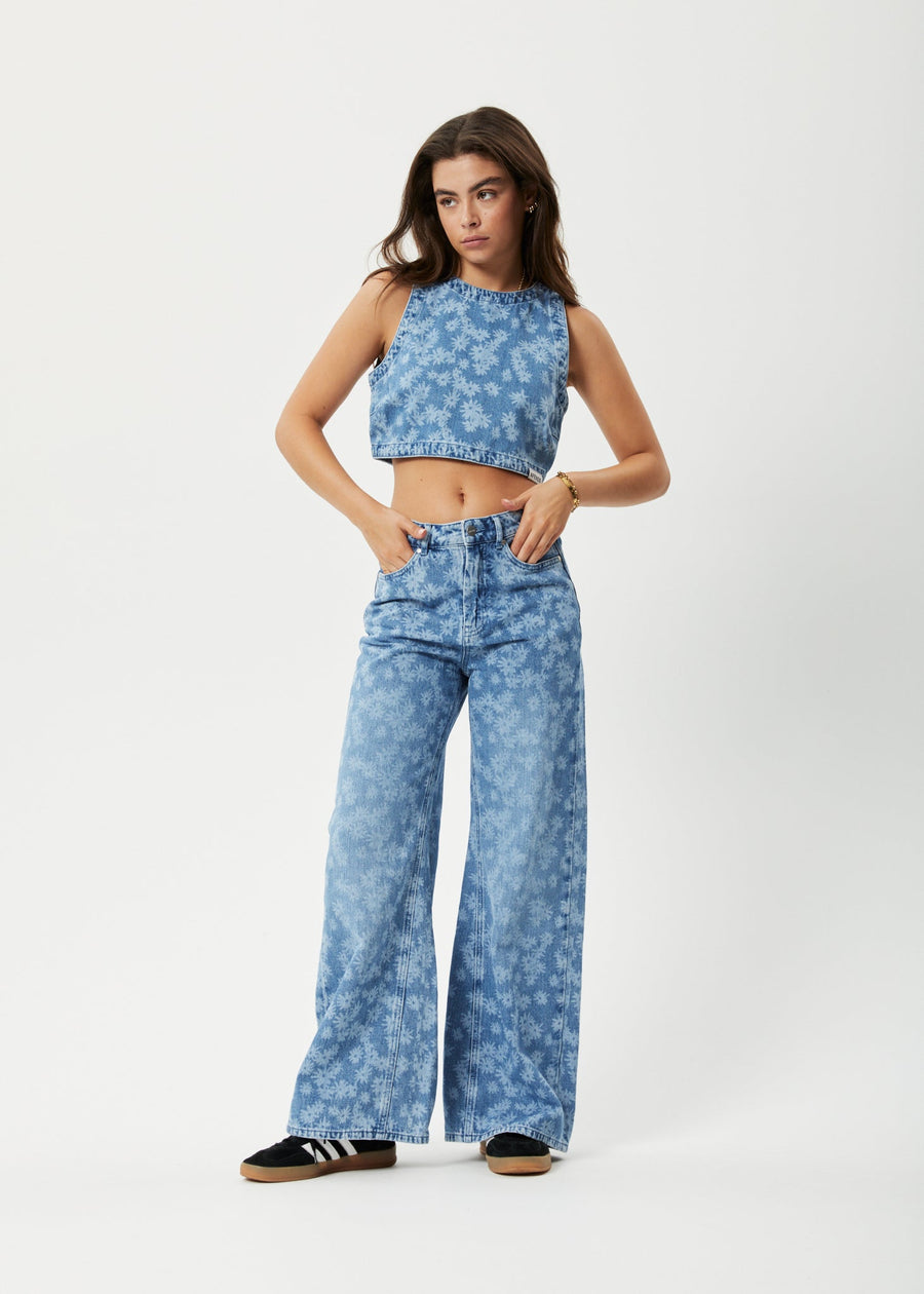 AFENDS Womens Fink - Denim Cropped Top - Worn Blue Daisy 