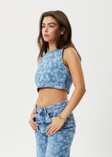 AFENDS Womens Fink - Denim Cropped Top - Worn Blue Daisy - Afends womens fink   denim cropped top   worn blue daisy 