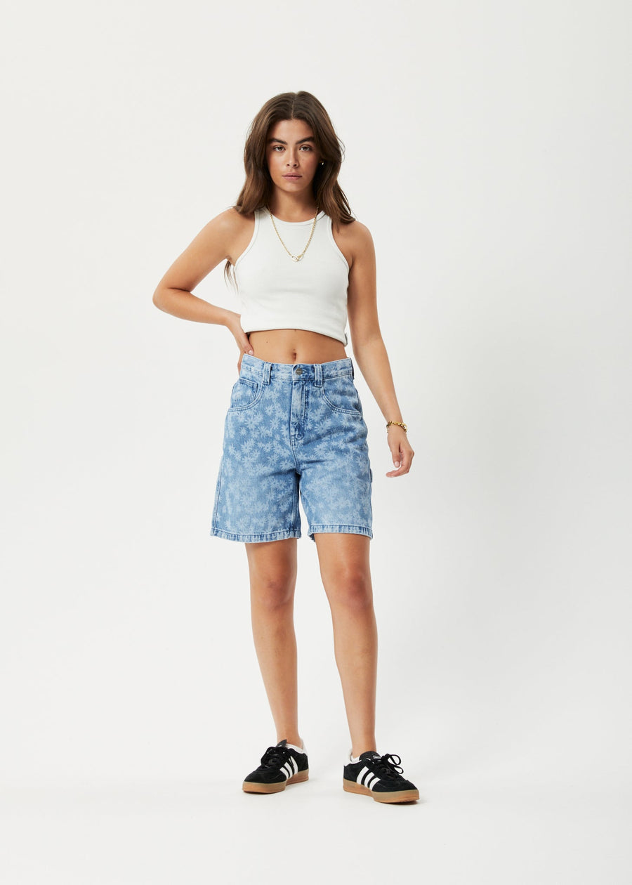 AFENDS Womens Fink Emilie - Denim Workwear Short - Worn Blue Daisy